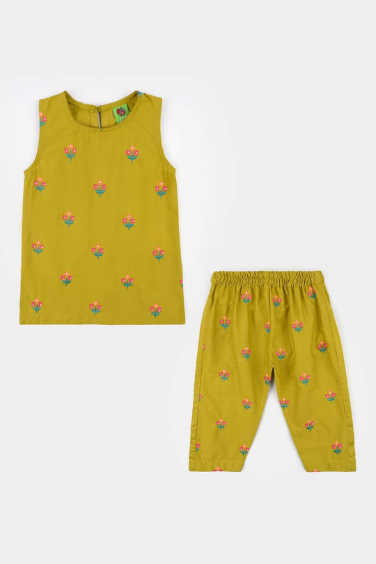 Infant Girls Cotton Poplin Emb 2Pcs Little Blooming-Olive.Green