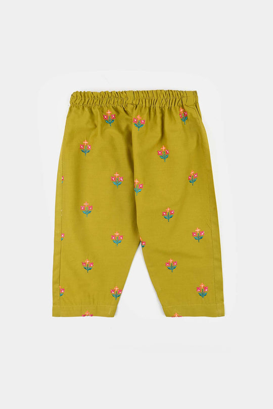 Infant Girls Cotton Poplin Emb 2Pcs Little Blooming-Olive.Green
