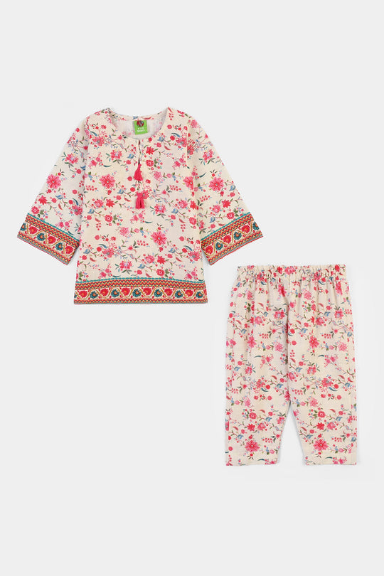 Infant Girls Cotton Slub Printed 2Pcs Rose-Multi