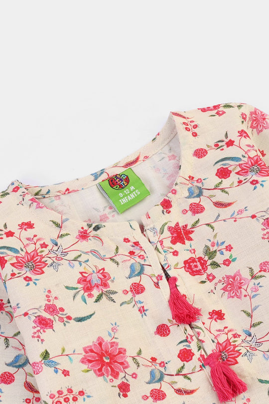 Infant Girls Cotton Slub Printed 2Pcs Rose-Multi