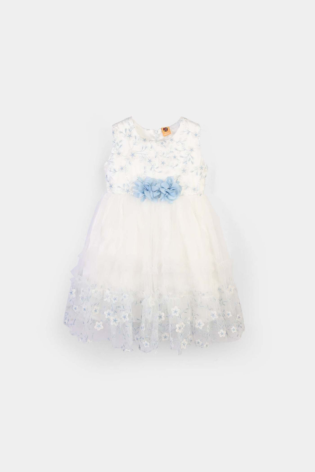 Girls Net Fancy Frock Glitter Flowers-WHITE
