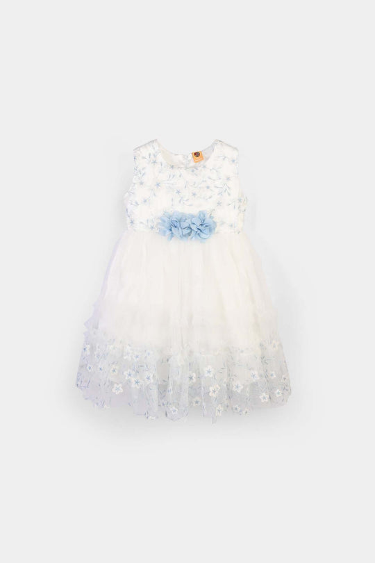 Girls Net Fancy Frock Glitter Flowers-WHITE