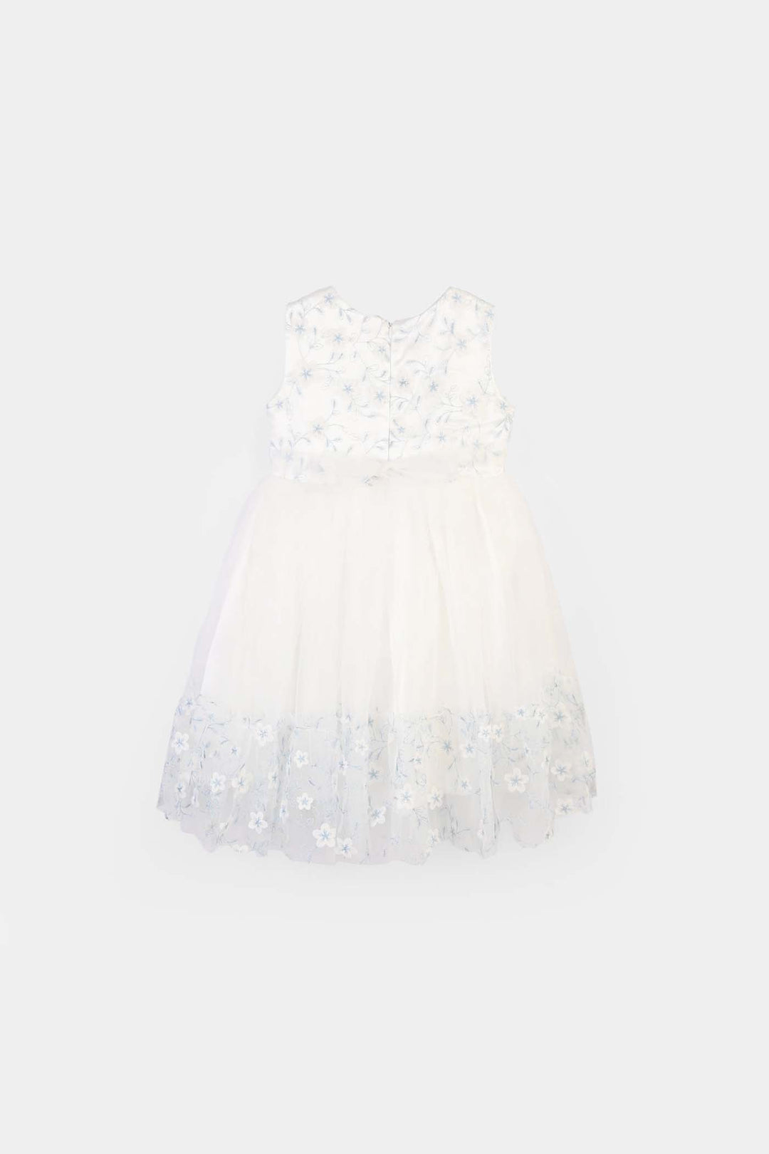Girls Net Fancy Frock Glitter Flowers-WHITE