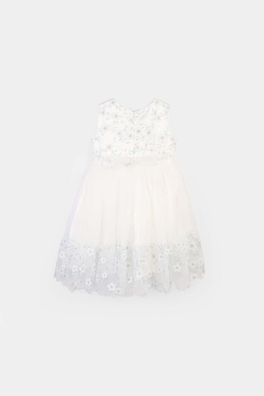 Girls Net Fancy Frock Glitter Flowers-WHITE