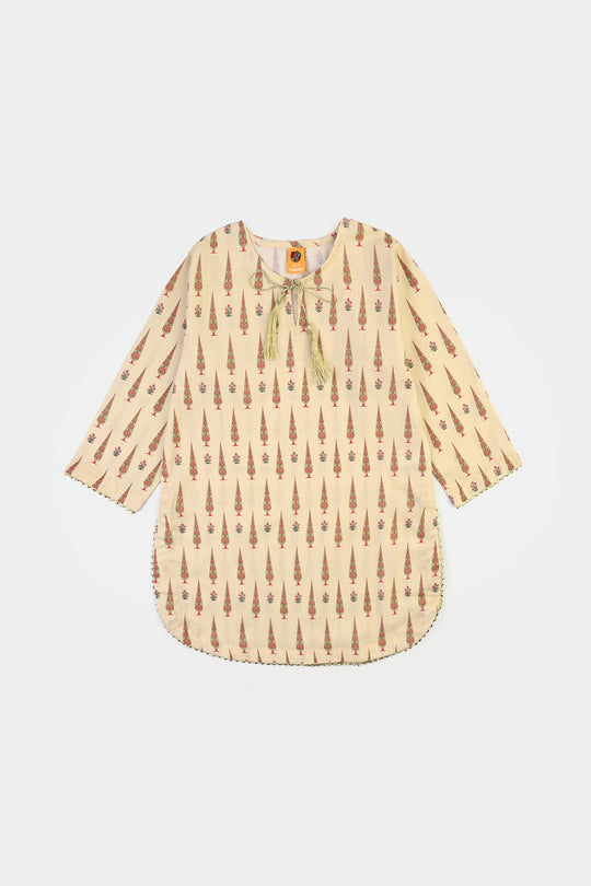 Teens Girls Cotton Printed 2 Pcs -Cream
