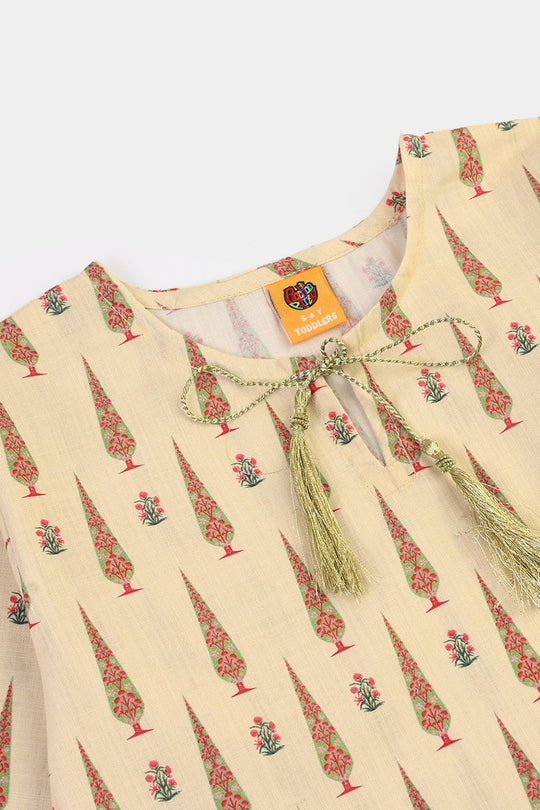 Teens Girls Cotton Printed 2 Pcs -Cream