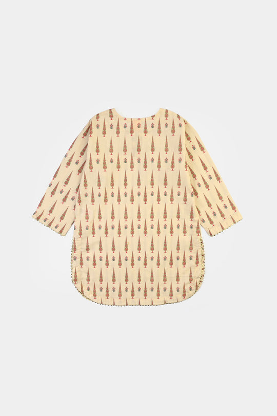 Teens Girls Cotton Printed 2 Pcs -Cream