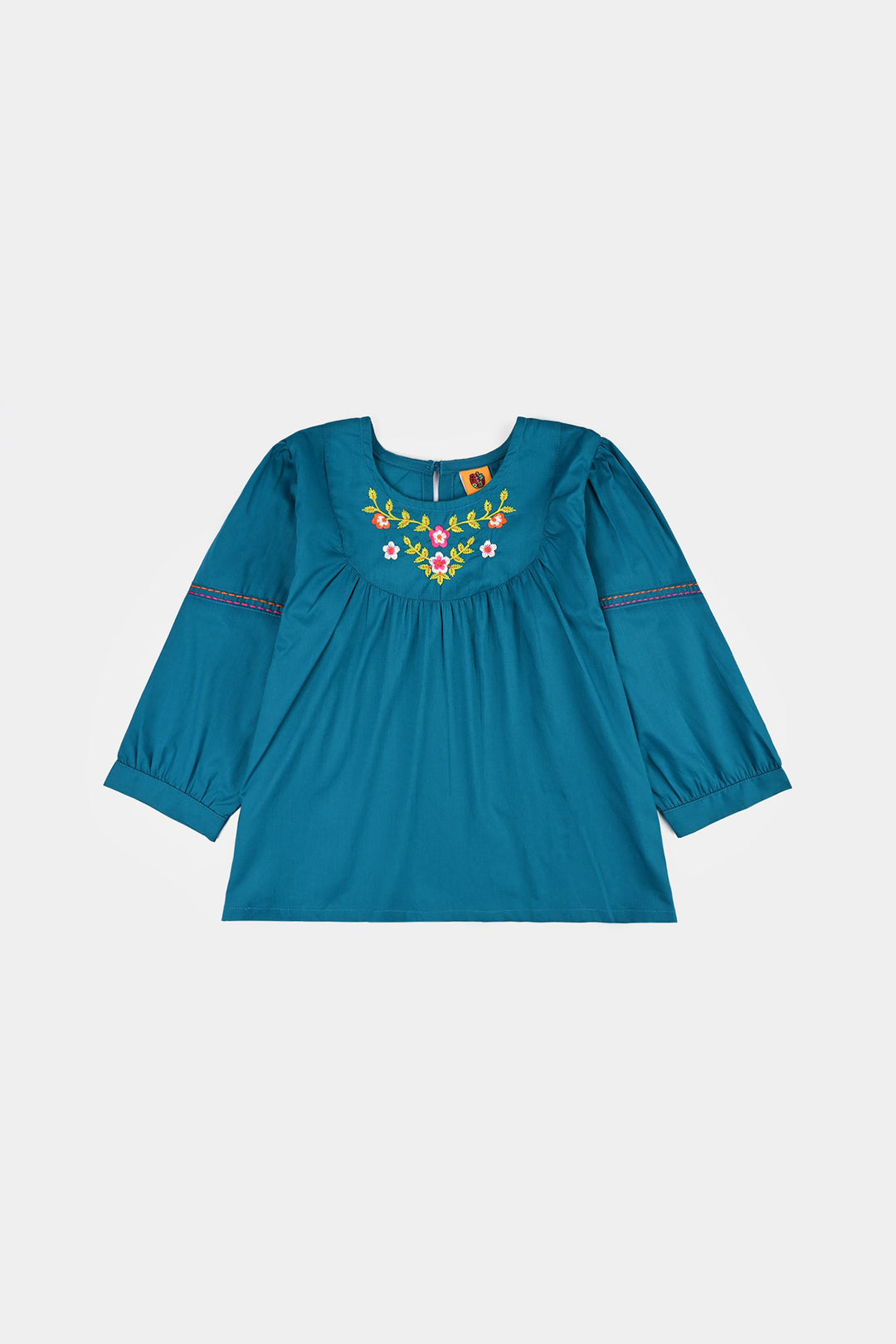 Girls Cotton Poplin Emb Top Teal