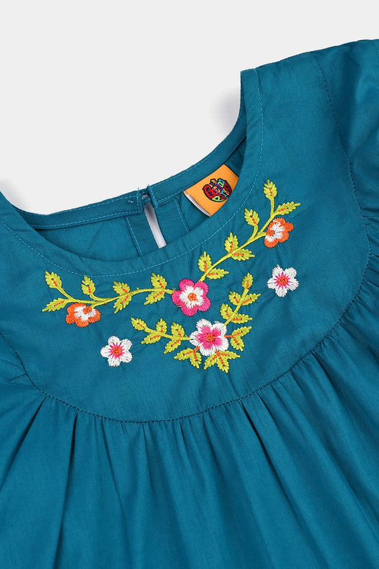 Girls Cotton Poplin Emb Top Teal