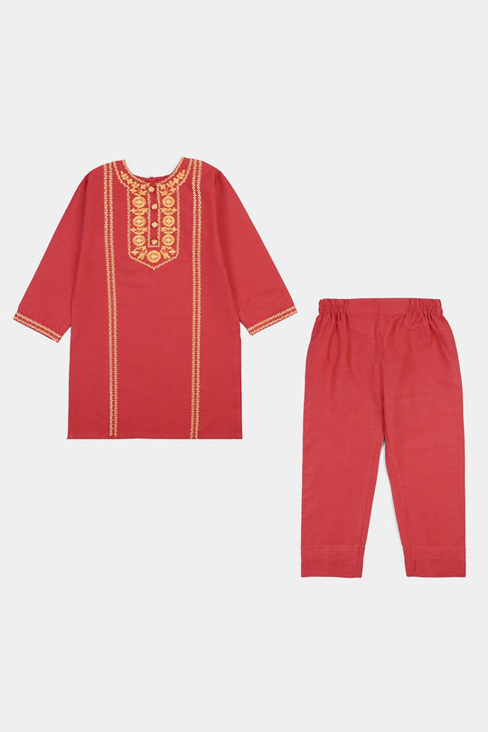 Girls Cotton Emb 2Pcs Zimal-RED