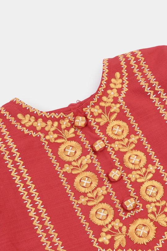Girls Cotton Emb 2Pcs Zimal-RED