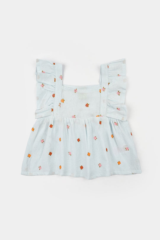 Infant Girls Cotton Emb Top Marine- Light Blue
