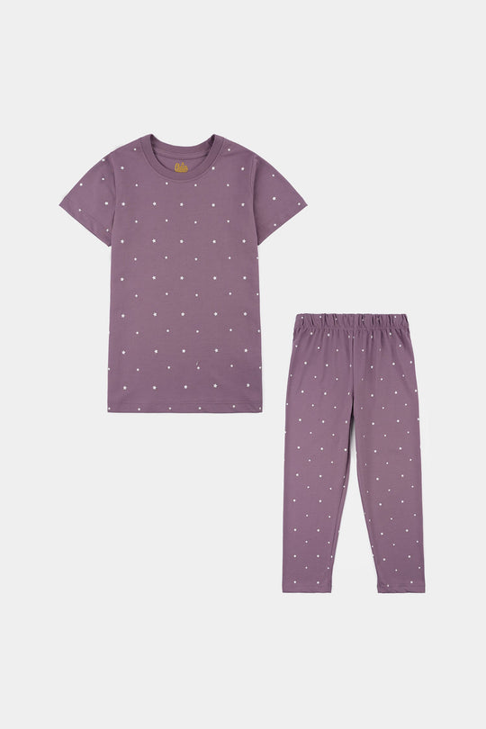 Girls Poly Cotton Jersey 2PC Set – Purple