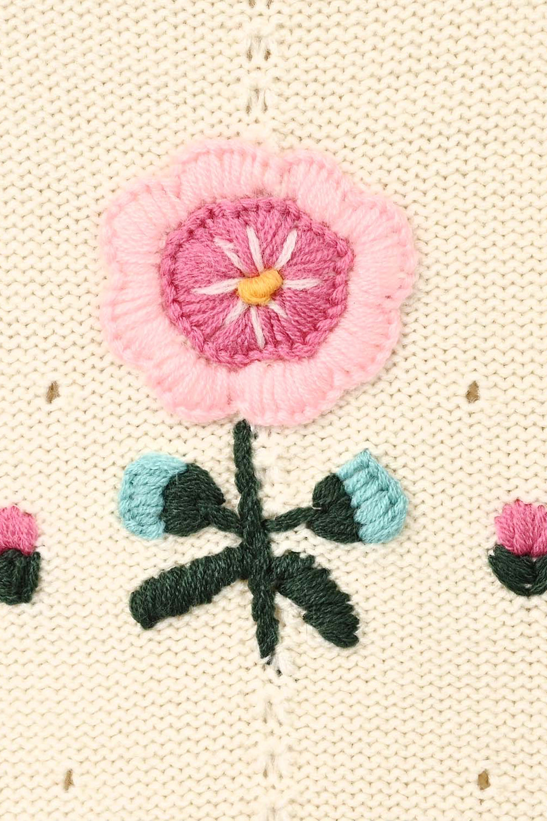 Girls Acrylic Sweater Pink Flora - Off White