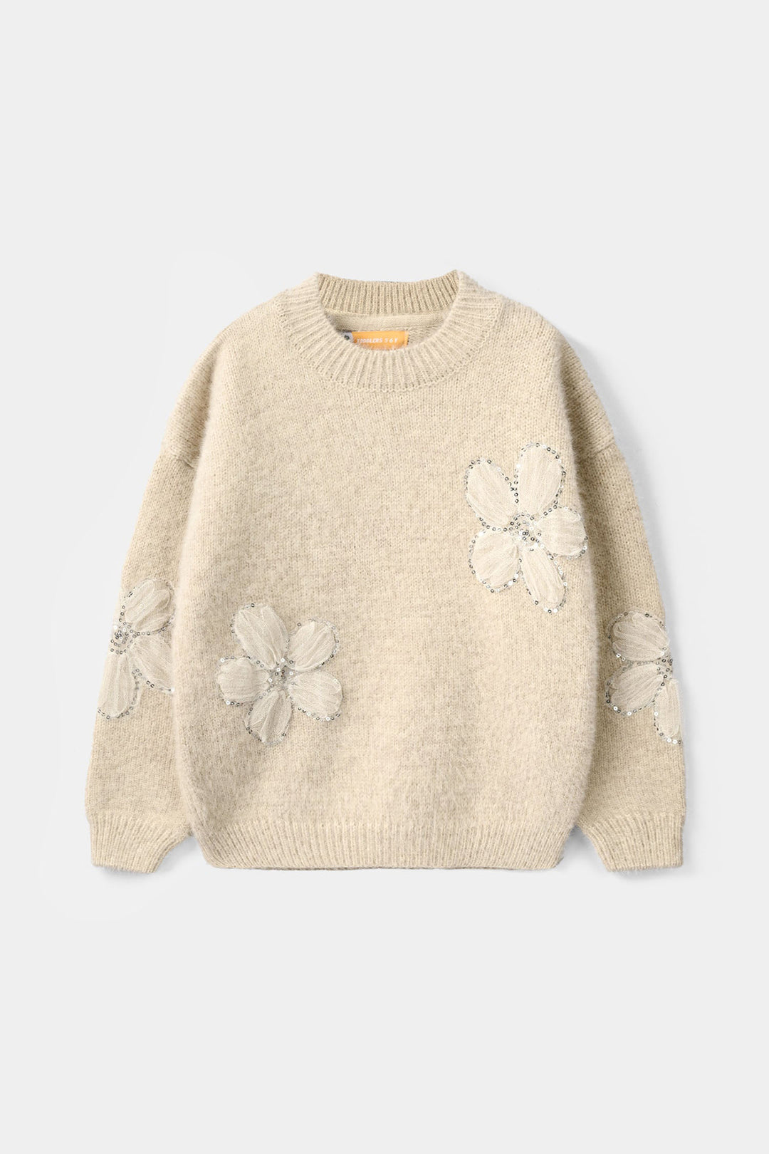 Girls Feather-Acrylic Sweater-Net Floral-OFF-White