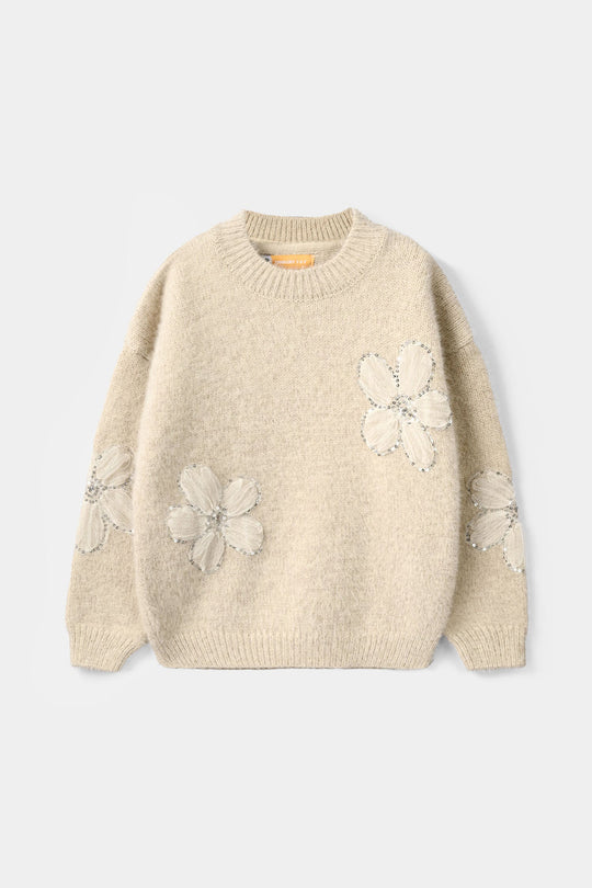 Girls Feather-Acrylic Sweater-Net Floral-OFF-White