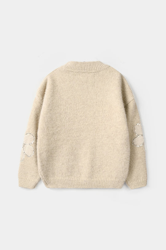Girls Feather-Acrylic Sweater-Net Floral-OFF-White