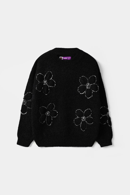Girls Feather Acrylic Sweater Floral Sequence - Black