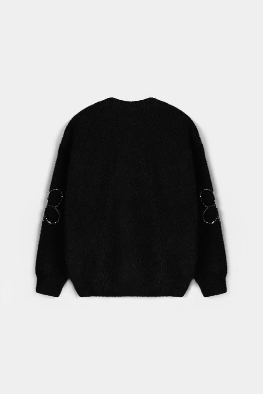 Girls Feather Acrylic Sweater Floral Sequence - Black