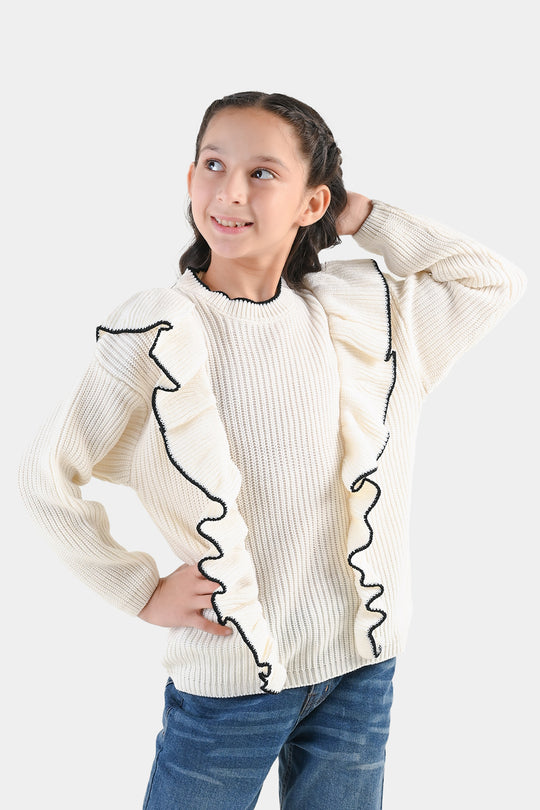 Girls Acrylic Sweater-Twirl-OFF-White
