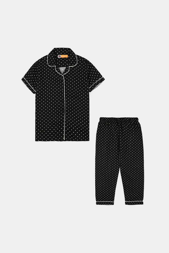 Girls Linen Viscose Nightwear-Polka Dot-BLACK