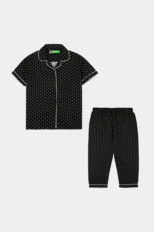 Infant Girls Linen Viscose Nightwear-Polka Dot-BLACK