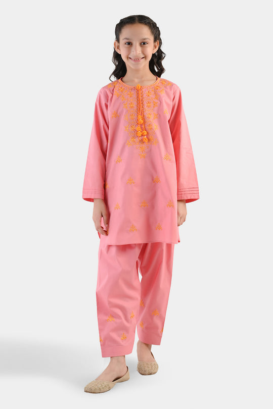 Girls Cotton Emb 2Piece Komal-Pink