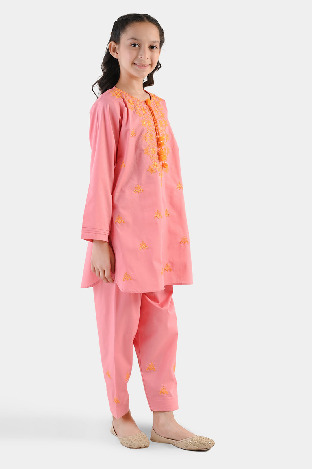 Girls Cotton Emb 2Piece Komal-Pink