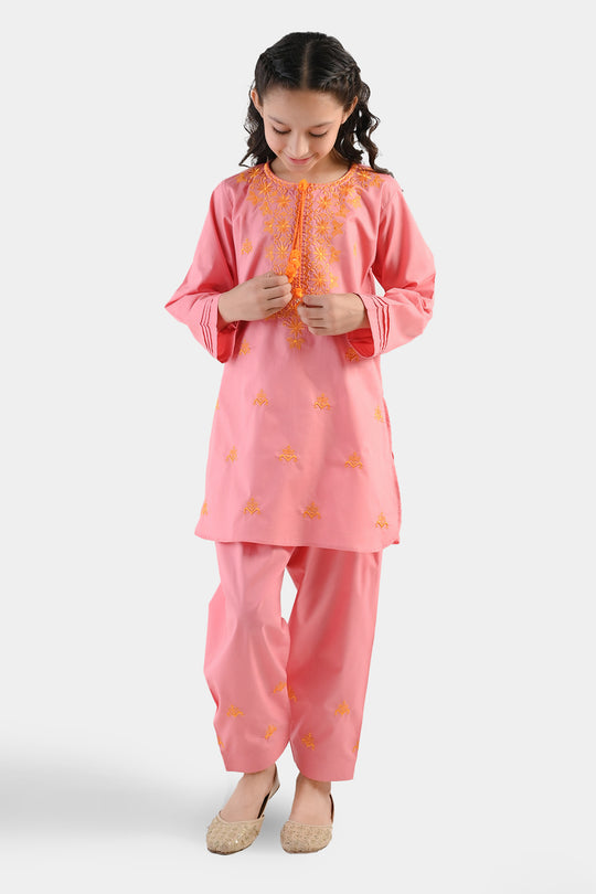 Girls Cotton Emb 2Piece Komal-Pink