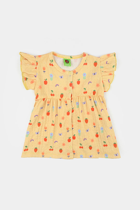 Infant Girls Seer Sucker Frock Fruits-Yellow