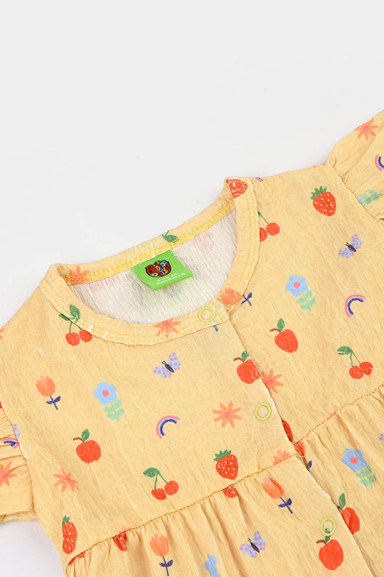 Infant Girls Seer Sucker Frock Fruits-Yellow