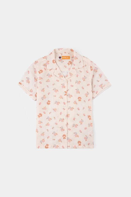 Girls Linen Viscose Nightwear-Teddy Flora-Cream