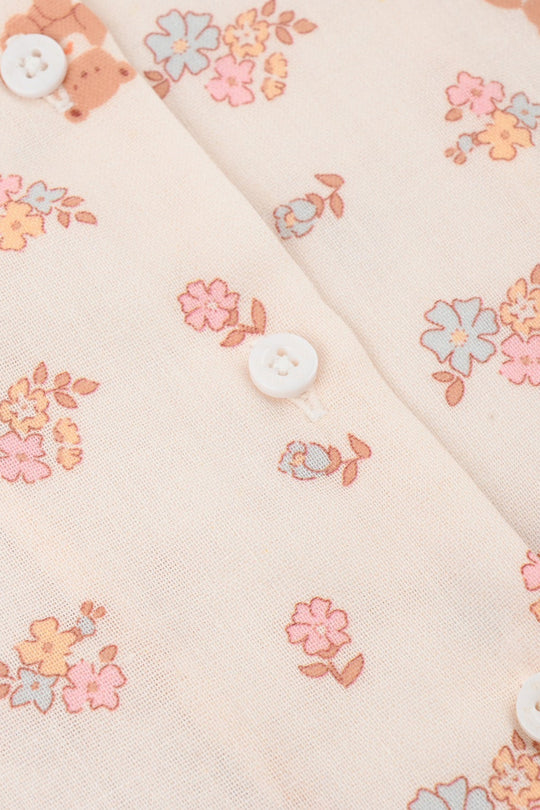 Girls Linen Viscose Nightwear-Teddy Flora-Cream