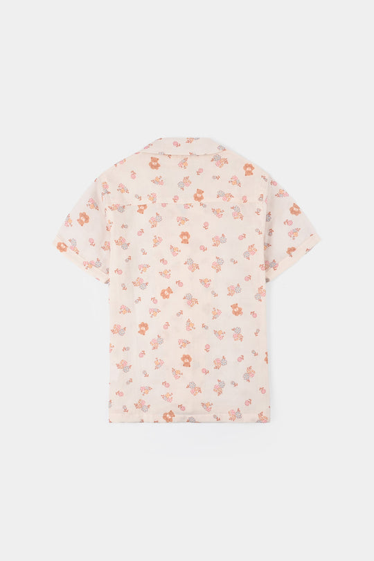 Girls Linen Viscose Nightwear-Teddy Flora-Cream