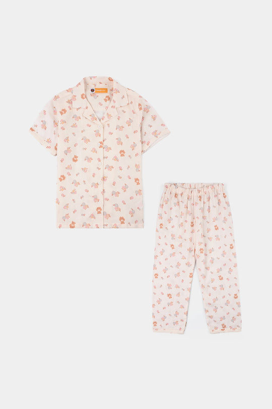 Girls Linen Viscose Nightwear-Teddy Flora-Cream