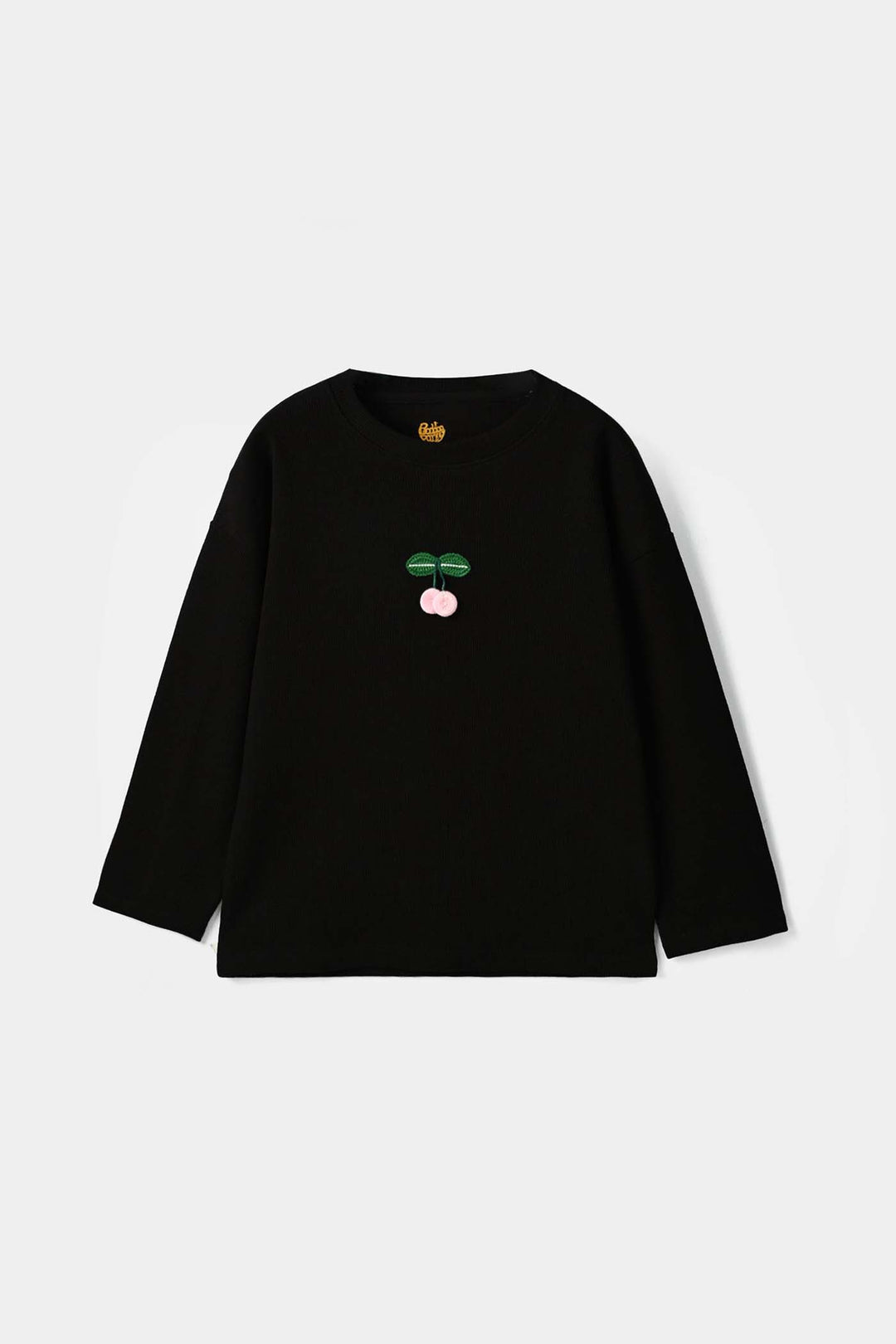 Girls Cotton Baby Rib T-Shirt Full Sleeves Cherry - Black