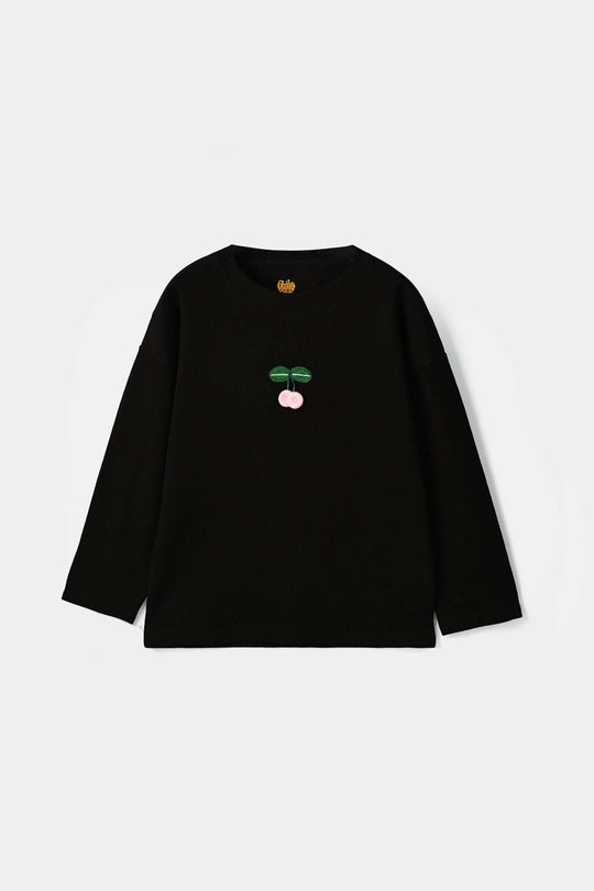 Girls Cotton Baby Rib T-Shirt Full Sleeves Cherry - Black