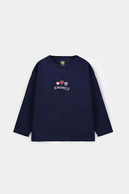 Girls Cotton Baby Rib T-Shirt Kindness - NAVY