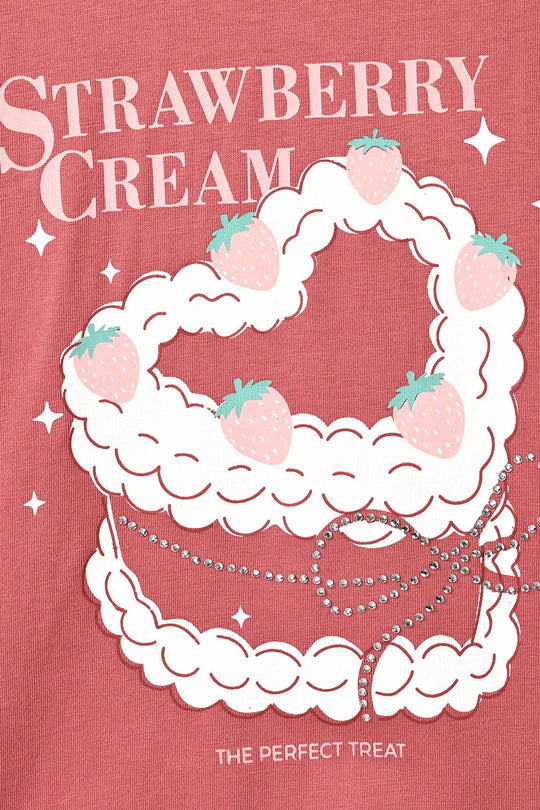 Girls Cotton Jersey T-Shirt Half Sleeves Strawberry Cake - Rose
