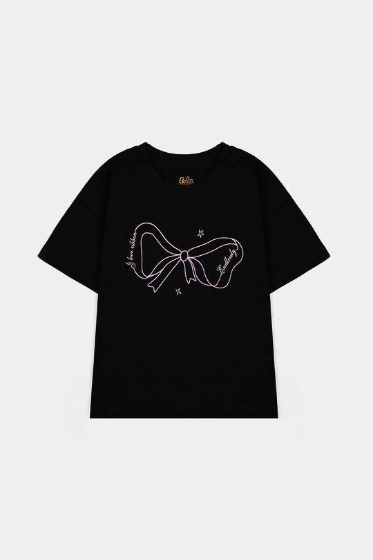 Girls Cotton Jersey T-Shirt I love Ribbons - Black