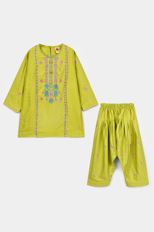 Girls Raw Silk 2Pcs Artistic - Olive Green