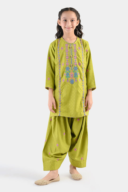 Girls Raw Silk 2Pcs Artistic - Olive Green