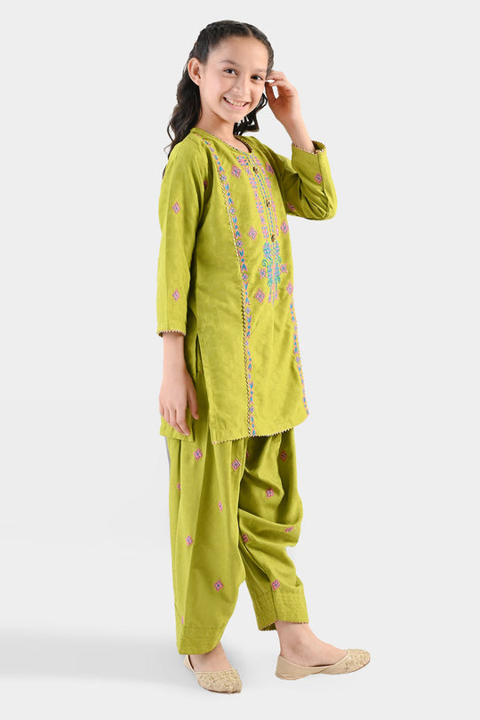 Girls Raw Silk 2Pcs Artistic - Olive Green