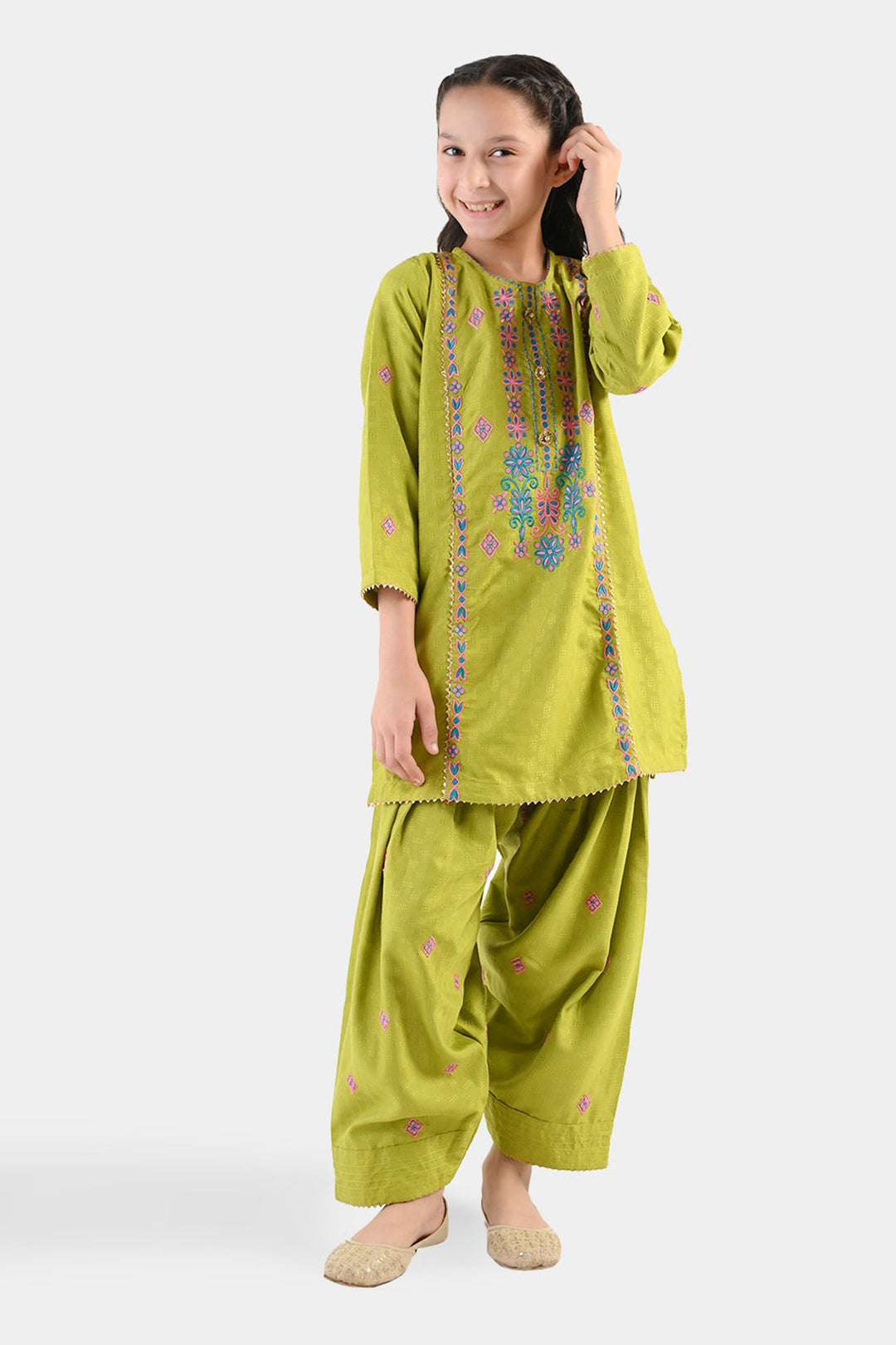 Girls Raw Silk 2Pcs Artistic - Olive Green