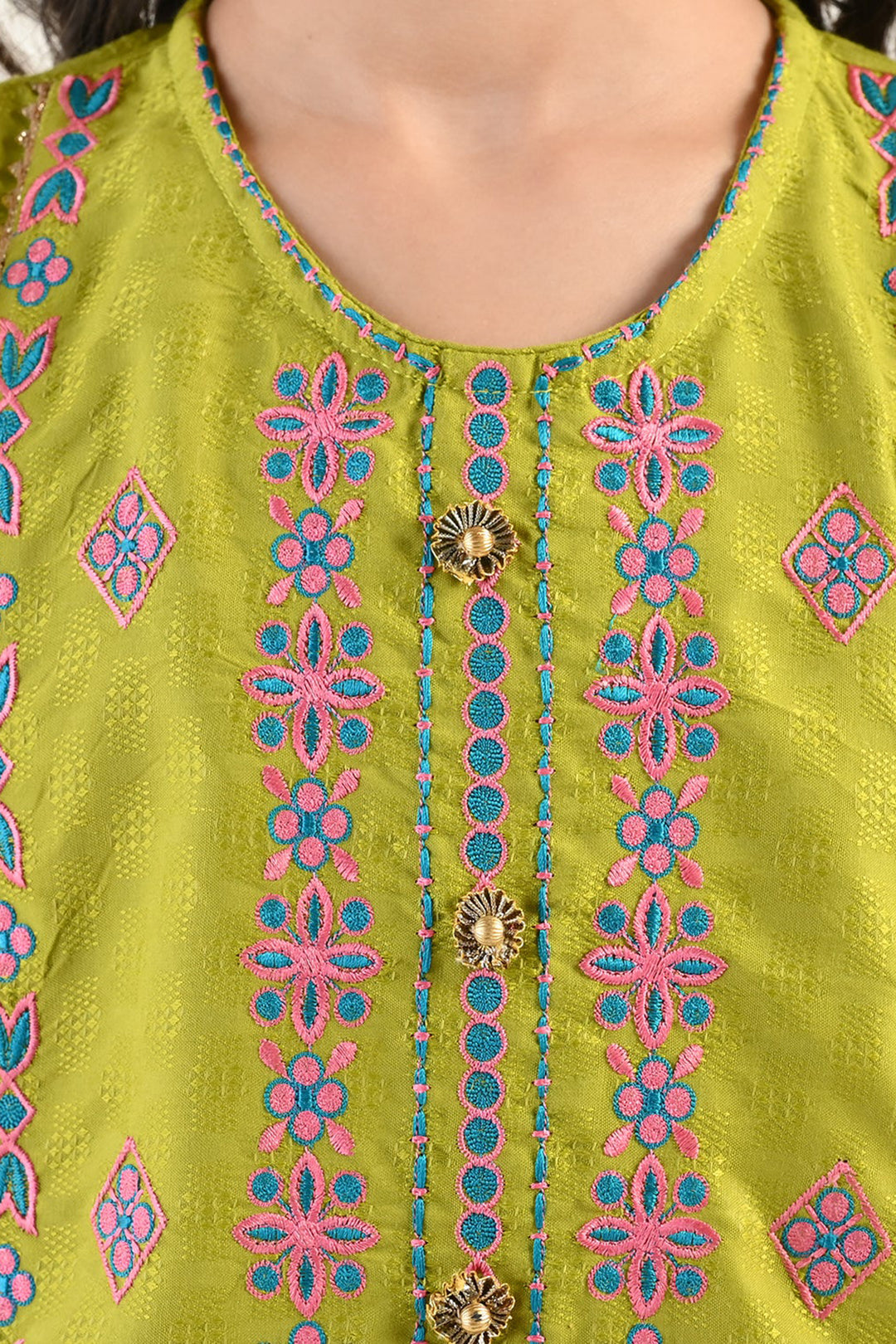 Girls Raw Silk 2Pcs Artistic - Olive Green