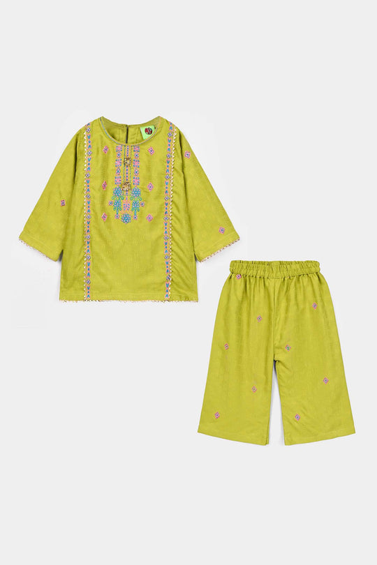 Infant Girls Raw Silk 2Pcs Artistic-Olive.Green