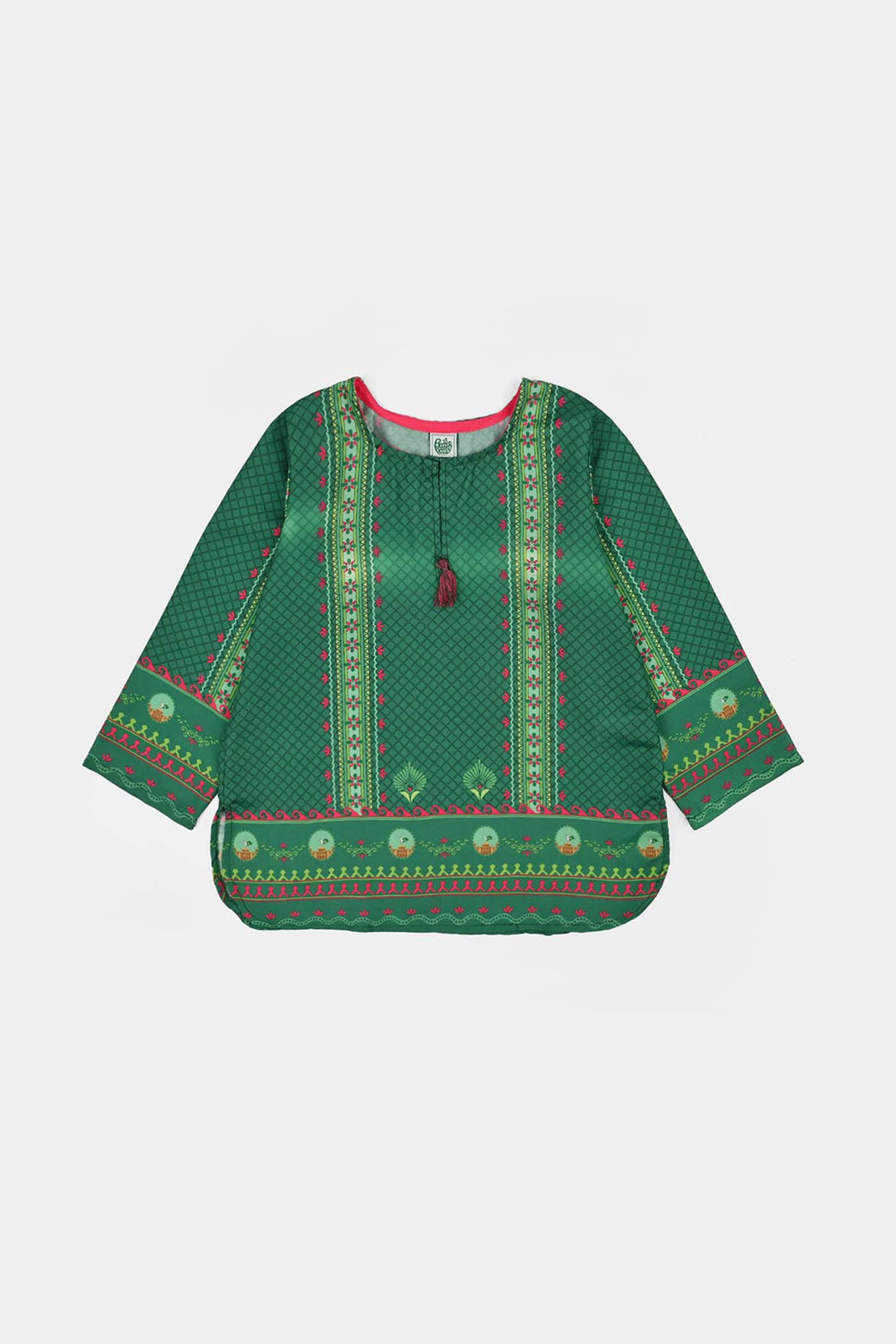 Girls Poly Lawn Casual Top Panel Flags-Green