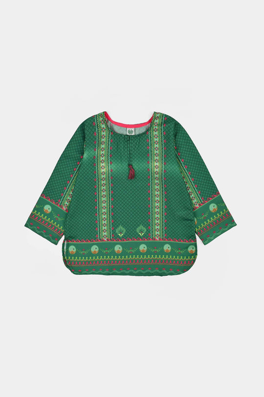 Girls Poly Lawn Casual Top Panel Flags-Green