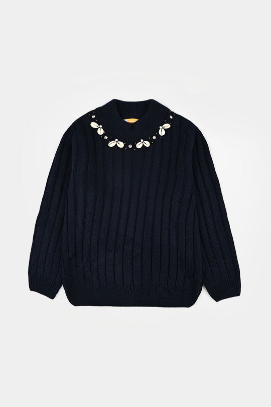 Girls Acrylic Sweater-Sea Shell - NAVY