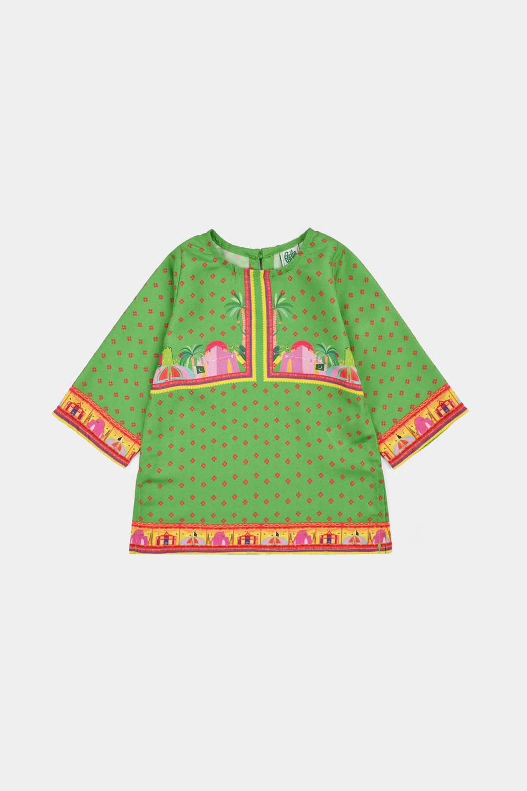 Infant Girls Polyester Printed Kurti Coconut Tree- Light Green